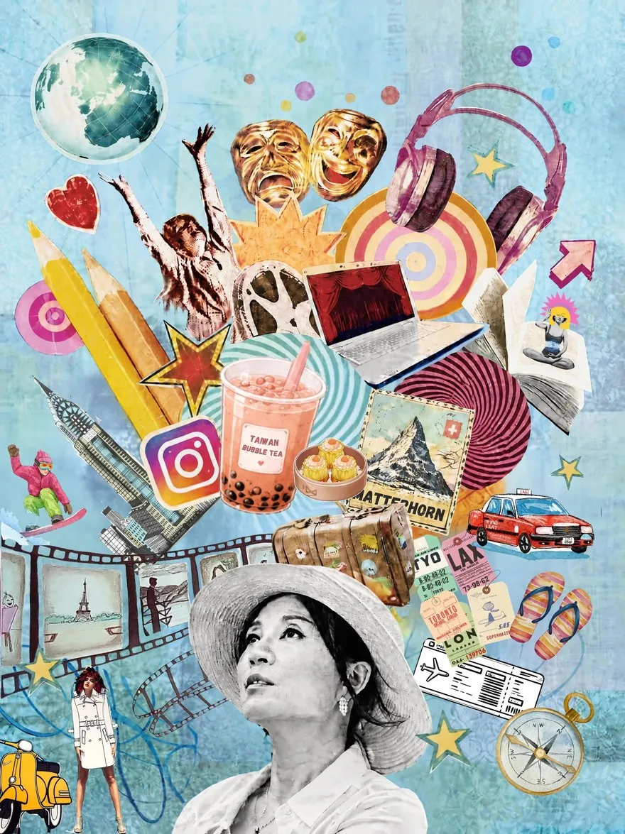 A collage: a woman in a sun hat looks up at a burst of things above her, among them a globe, bubble tea, dim sum, a laptop, headphones, luggage tags and a compass